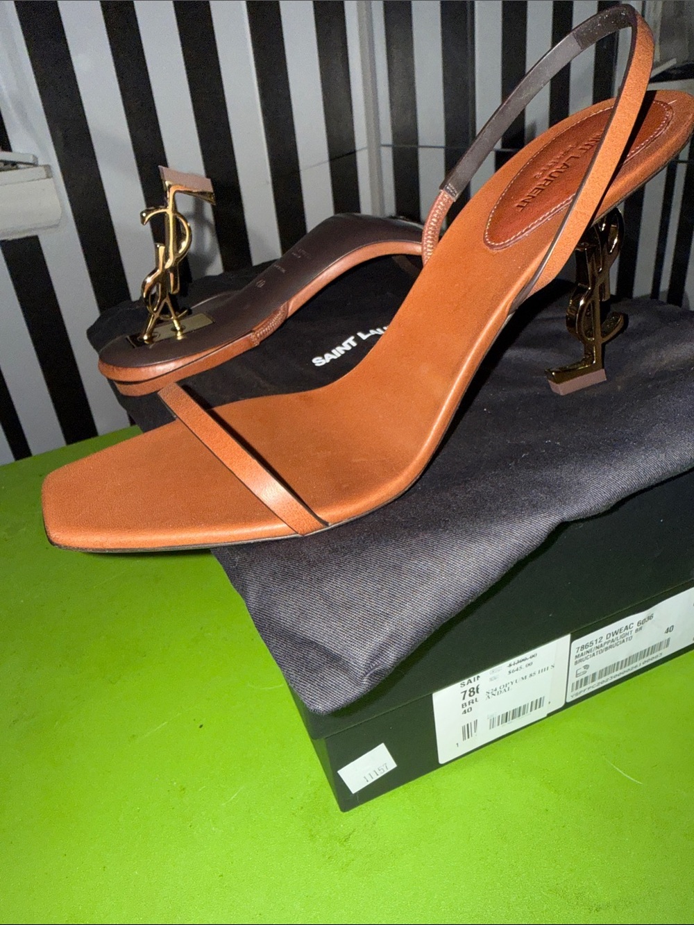 Yves Saint Laurent Brown Leather Logo Stiletto Sandal with Gold Heel - Picture 5 of 7